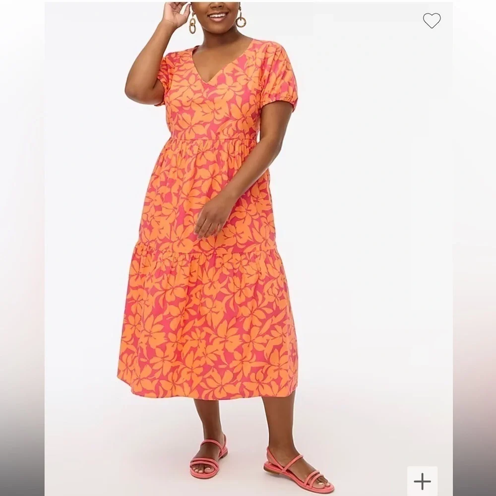 j. crew factory puff sleeve tiered floral hawaiian printed midi dress 2023
